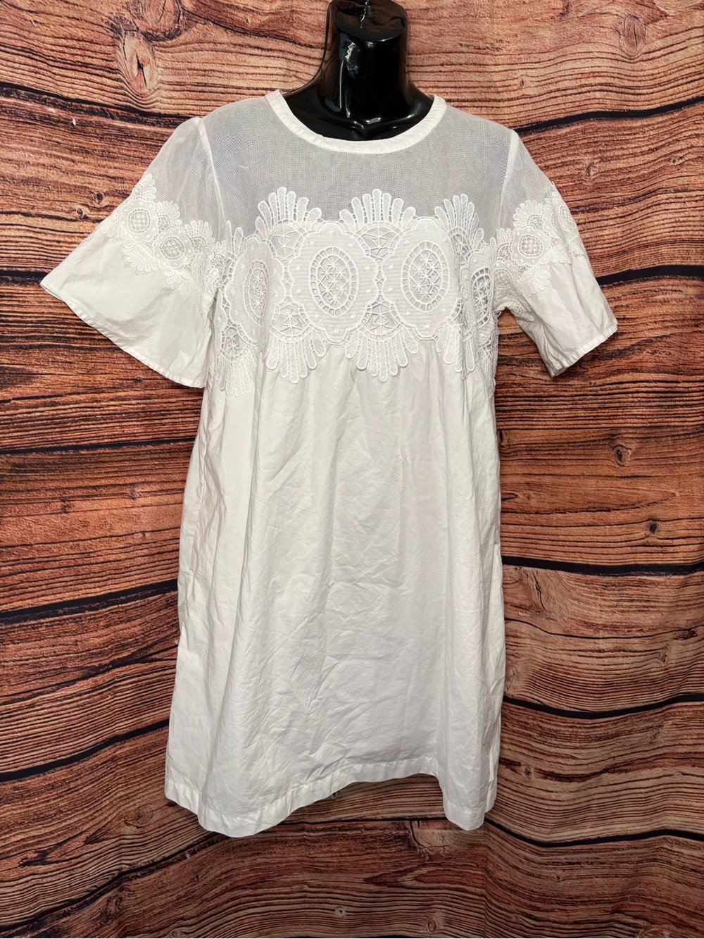 Anthropologie 100% Cotton Poplin Mini Dress -  White Short Sleeve Lace Yoke